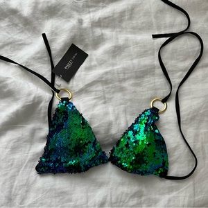 Breezy Swim Green & Blue Sequin Bikini Top Size Small NWT